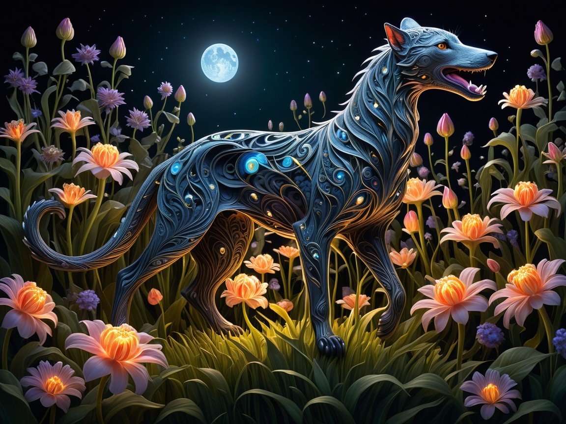 Celestial Wolf in Vibrant Fantasy Garden at Night