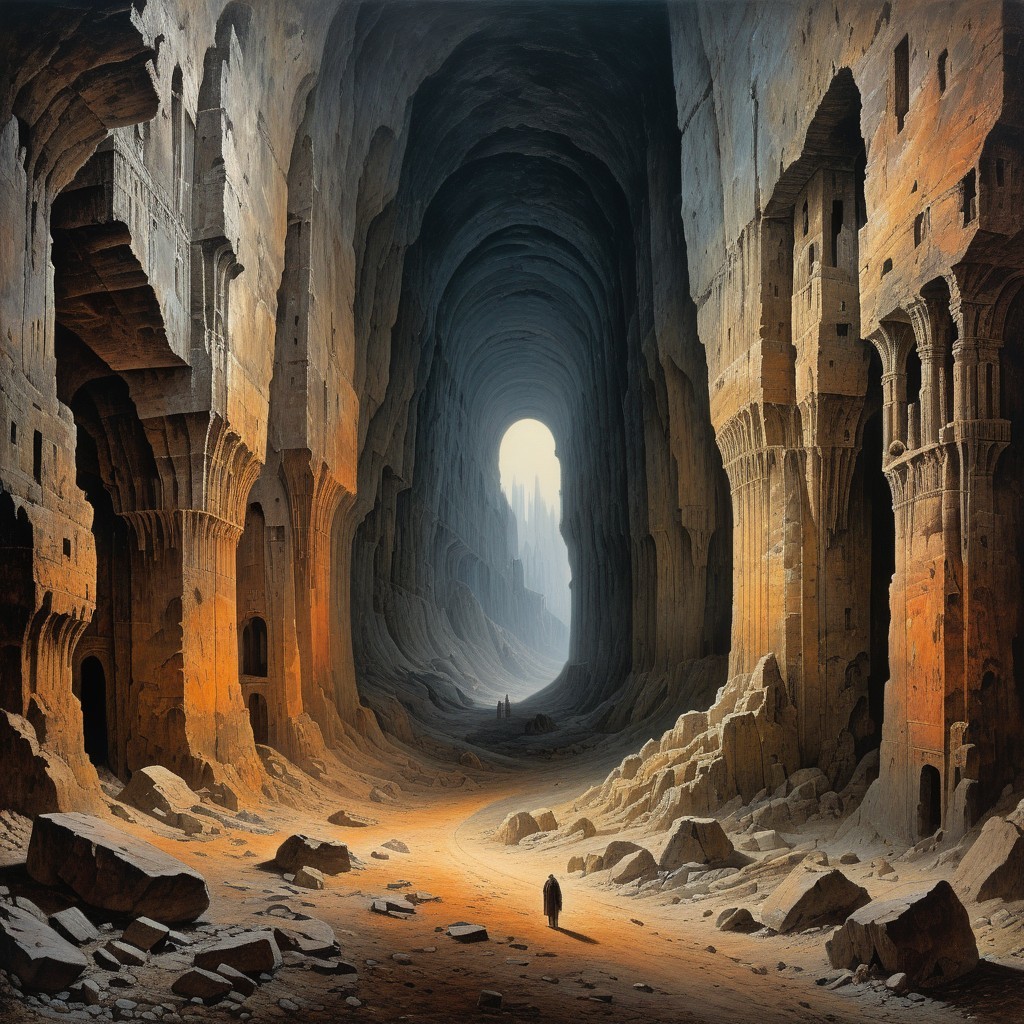 Ancient cave system with intricate carvings and glow
