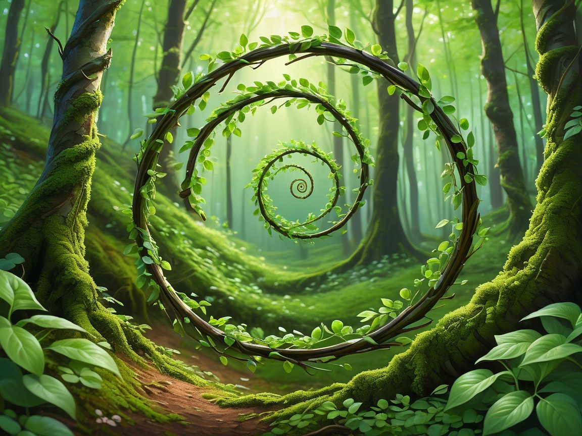 Serene Forest Scene with Lush Greenery and Vines