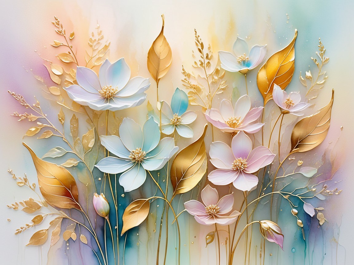 Pastel Flower Artwork with Gold Accents and Soft Colors