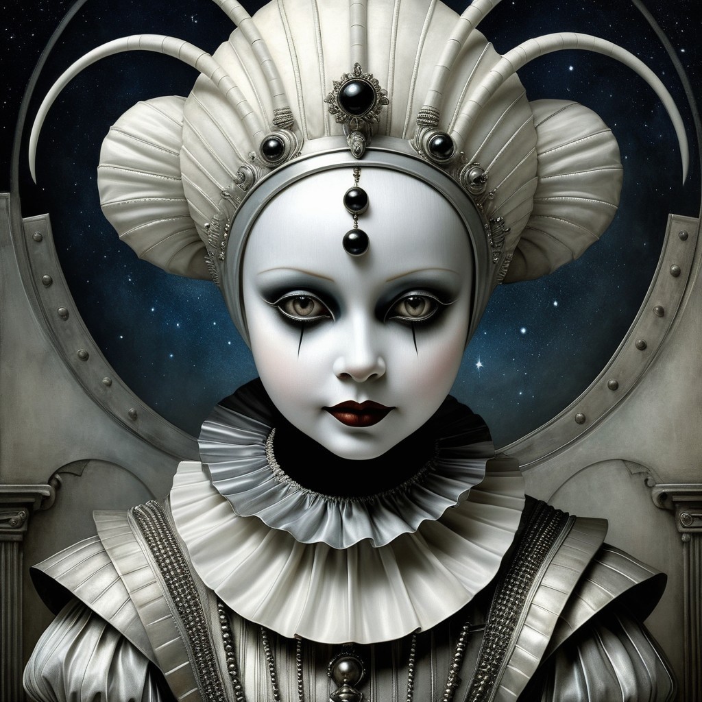 Surreal Doll-Like Figure with Cosmic Background