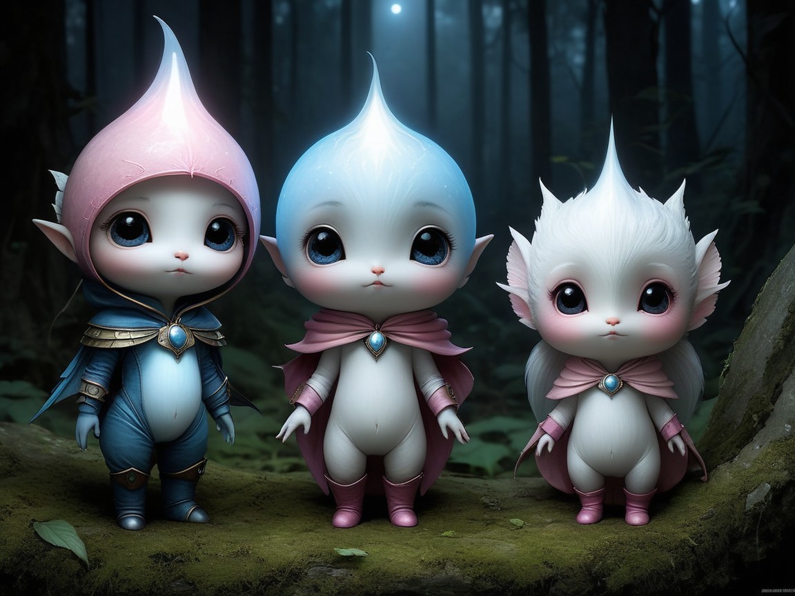 Whimsical Characters in a Misty Forest Setting