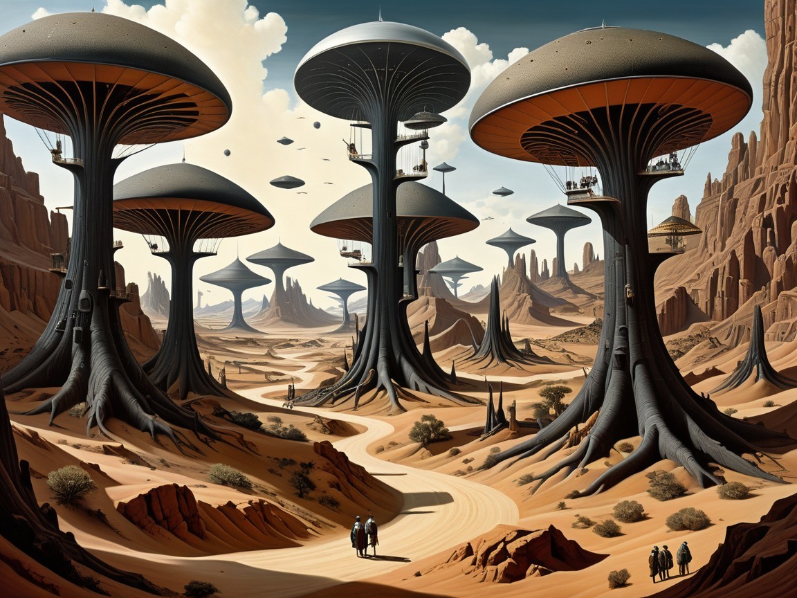 Surreal Landscape with Towering Mushroom Structures