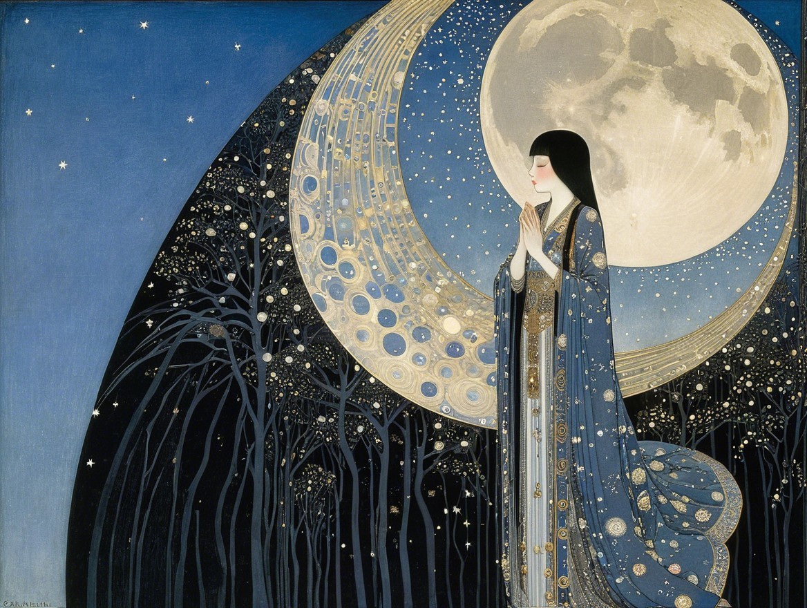 Serene figure in blue robe under a full moon