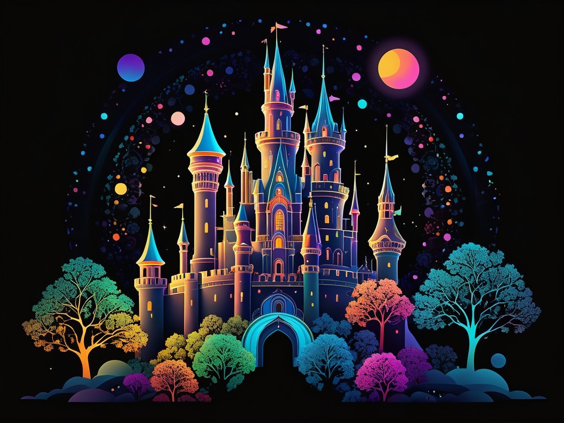 Whimsical Castle Surrounded by Colorful Lights and Trees