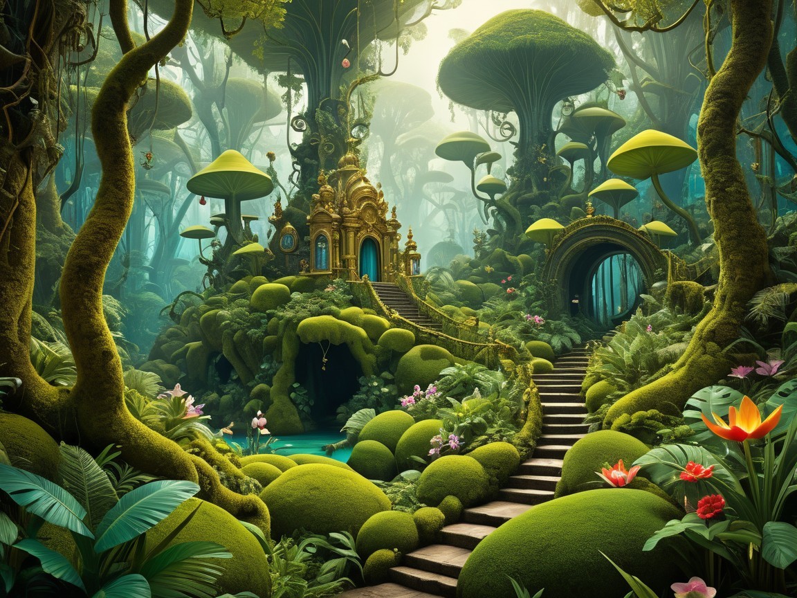 Mystical Jungle with Golden Temple and Vibrant Flora