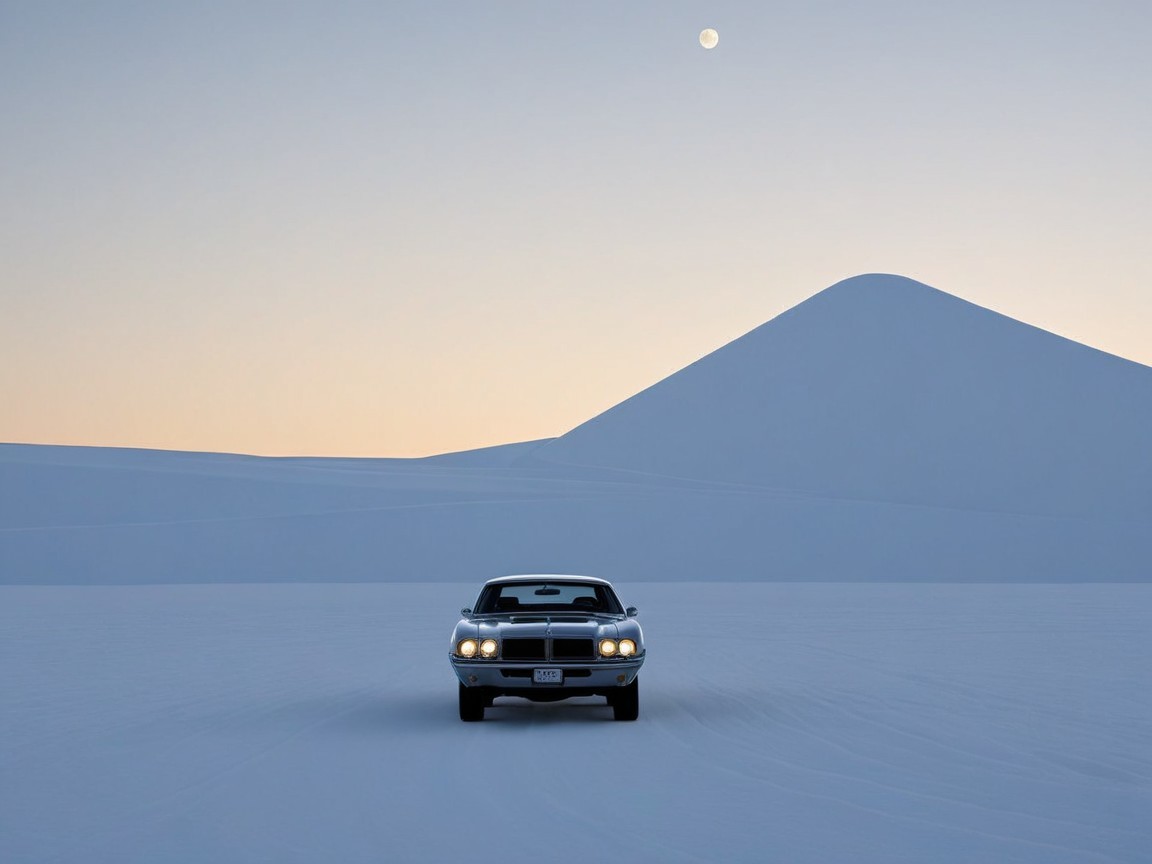 Vintage Muscle Car in Snowy Landscape at Sunset