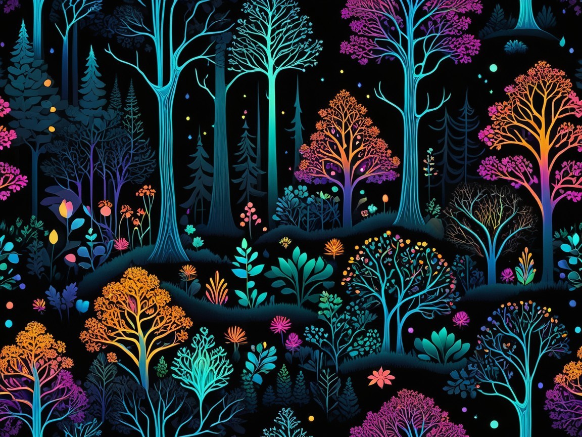 Vibrant Whimsical Forest Scene with Bright Colors