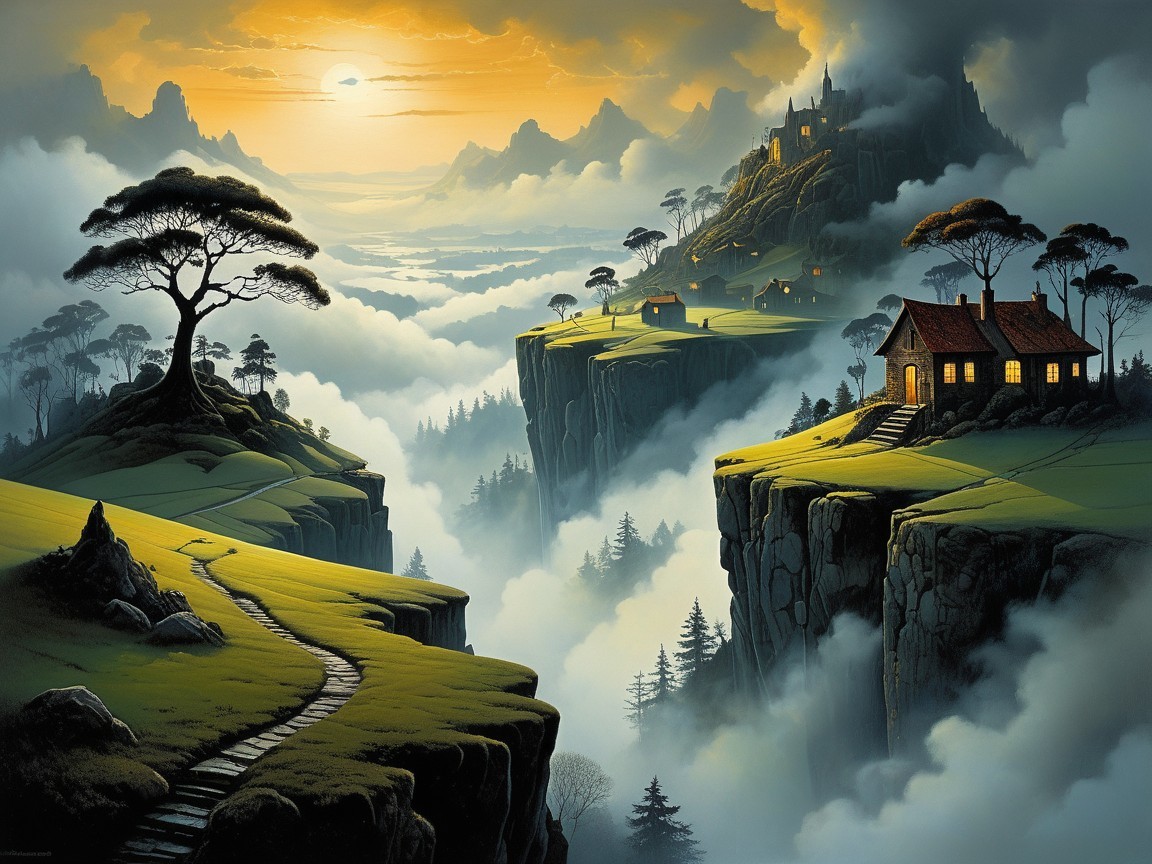 Twilight Landscape with Cliffs, Cottage, and Castle