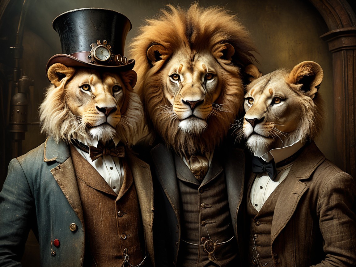 Anthropomorphic lions in Victorian-era attire