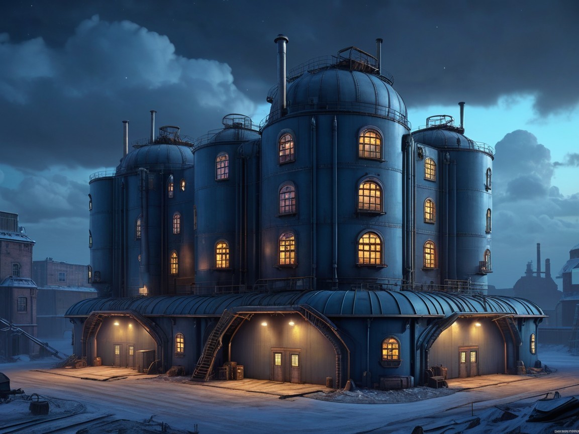 Industrial Building at Dusk with Snowy Ground