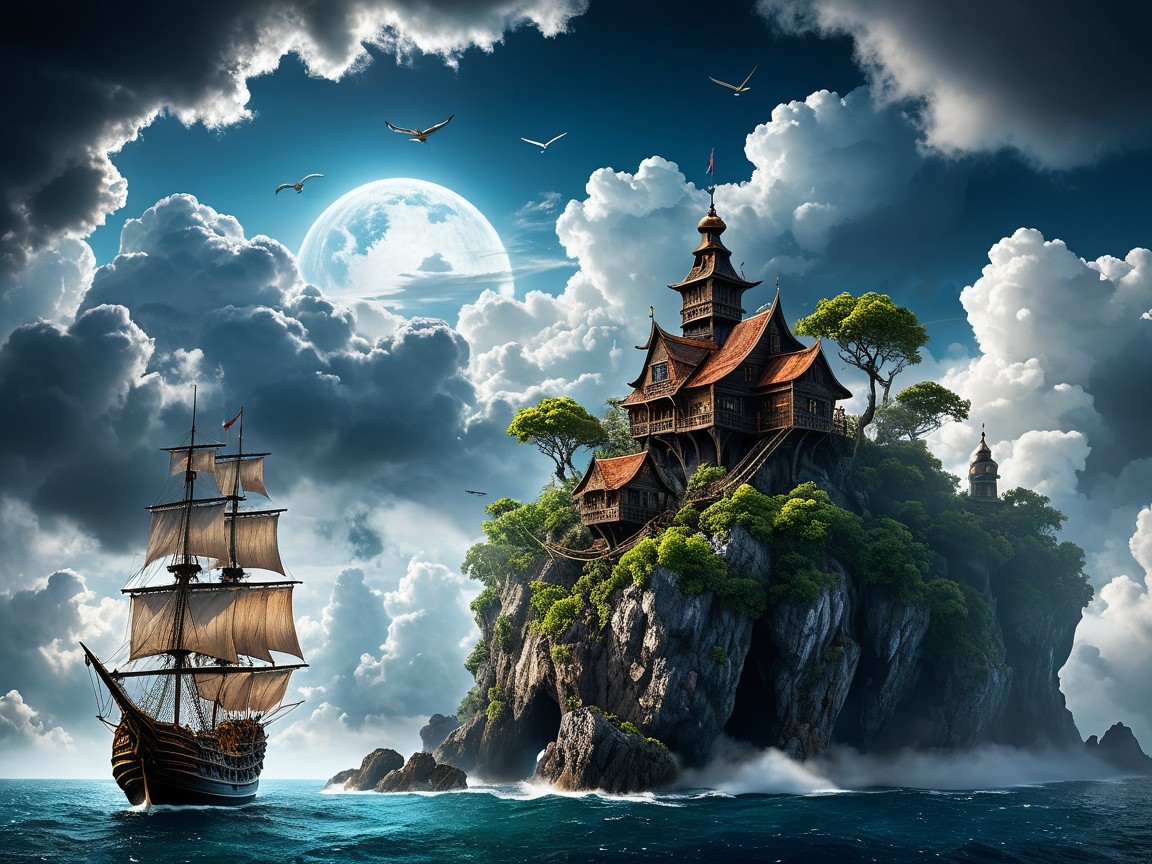 Majestic island with castle and sailing ship at dusk