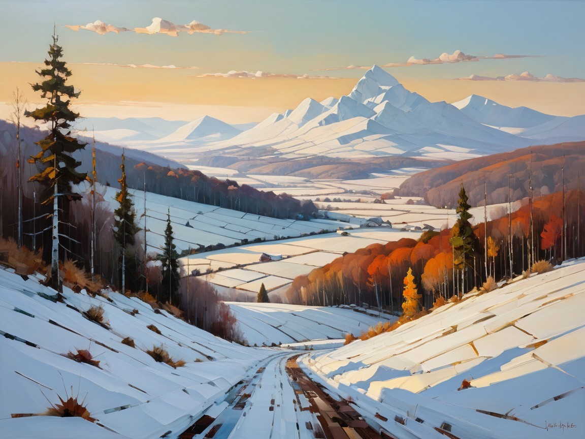 Winter Landscape with Snow-Covered Valley and Mountains