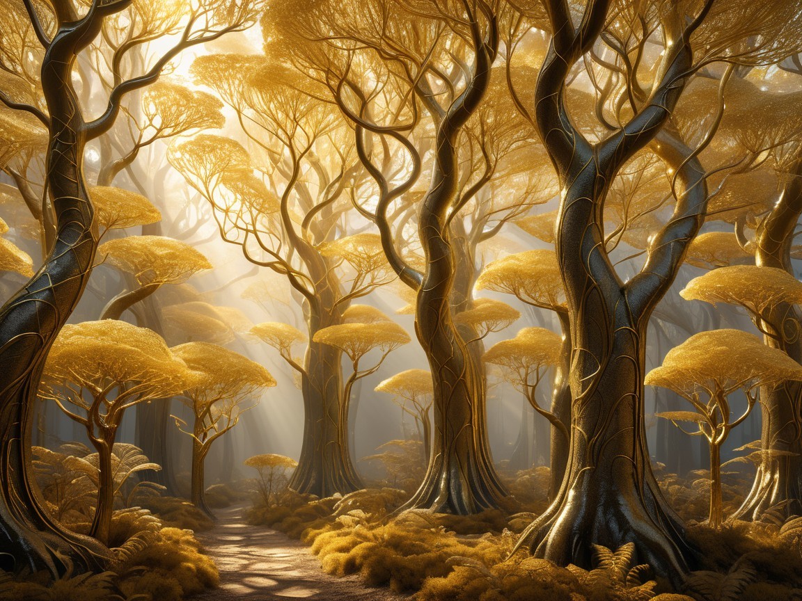 Mystical Forest with Golden Light and Lush Foliage