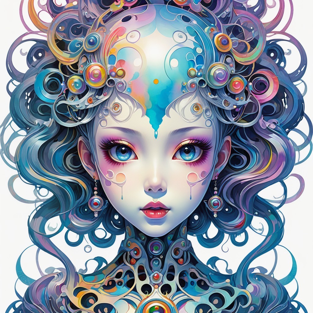 Fantastical Character with Blue Eyes and Colorful Hair