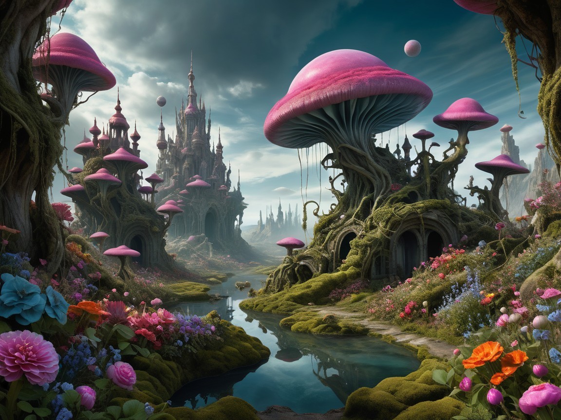 Whimsical Landscape with Pink Mushrooms and Castle