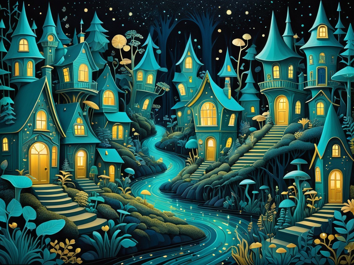 Charming Village Night Scene with Fairy-Tale Houses