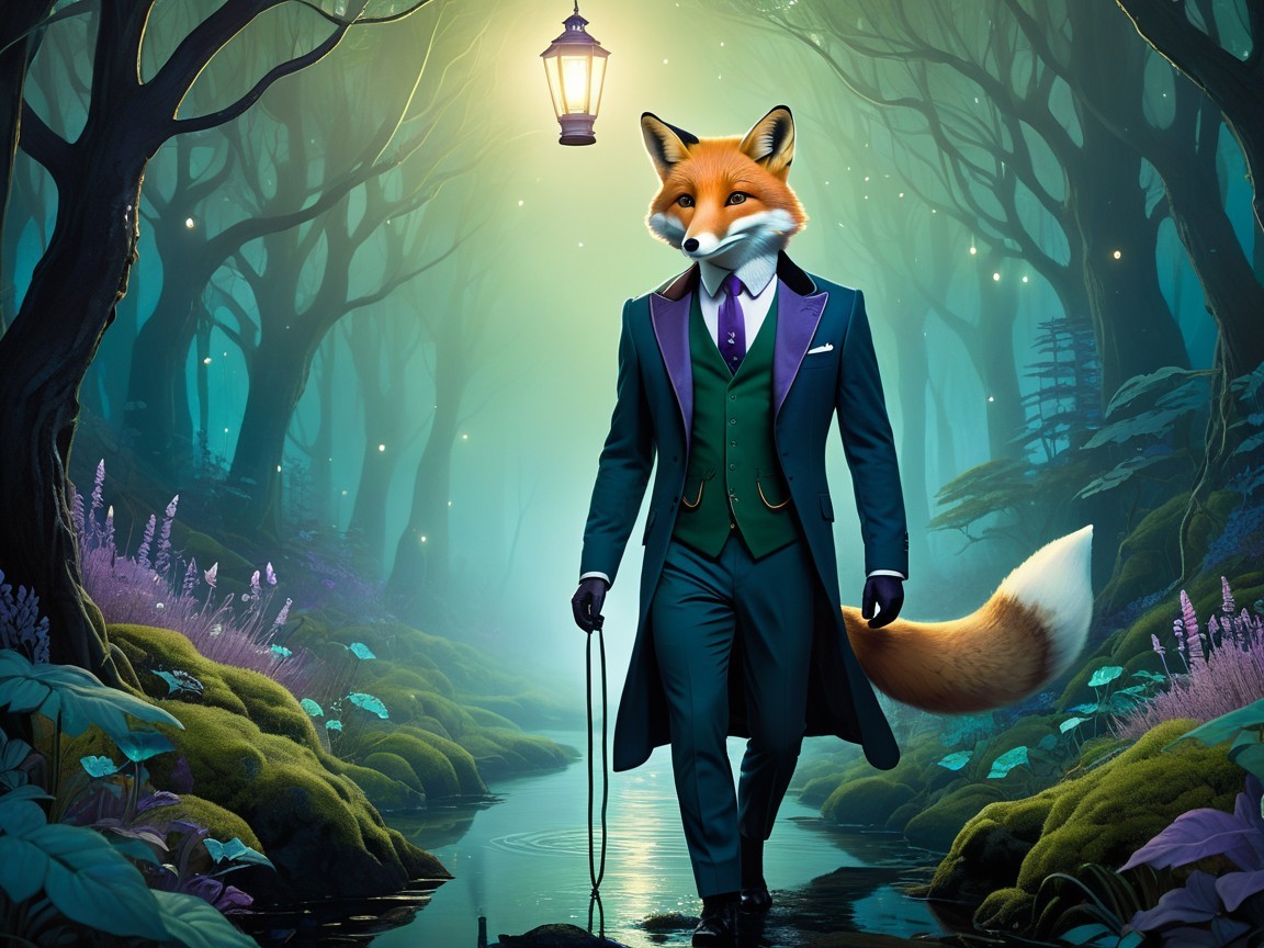 Dapper Fox in Enchanted Forest with Lantern Glow