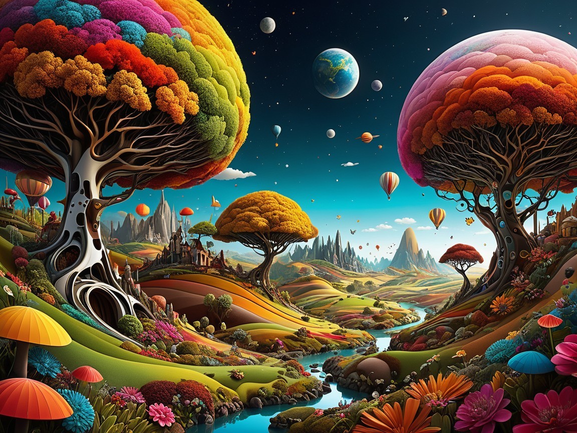 Vibrant Fantasy Landscape with Whimsical Elements