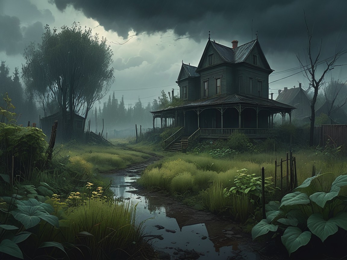 Victorian House Surrounded by Overgrown Landscape