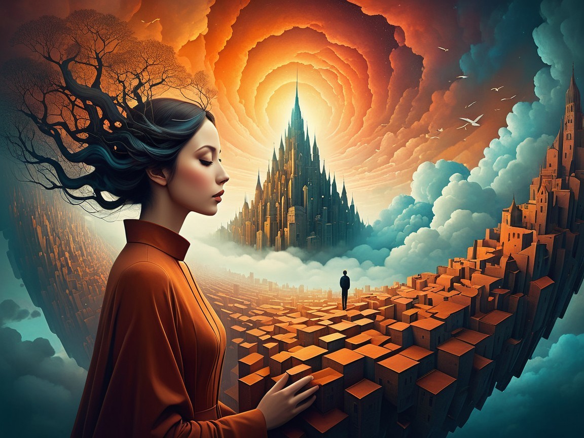 Serene Woman in Surreal Landscape with Castle Structure