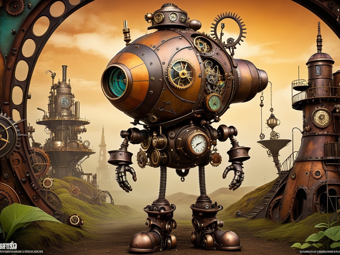 Steampunk Robot in Whimsical Industrial Landscape