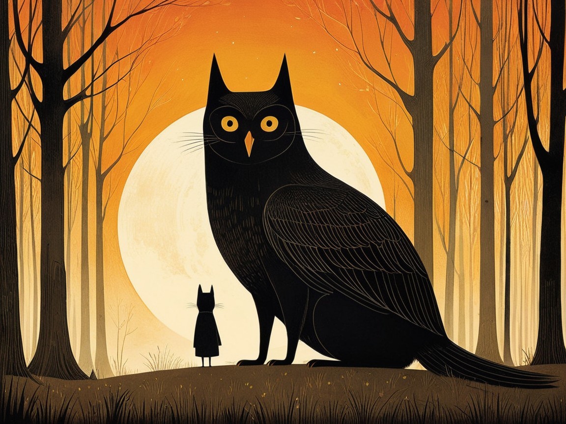 Whimsical forest scene with owl and cat at dusk