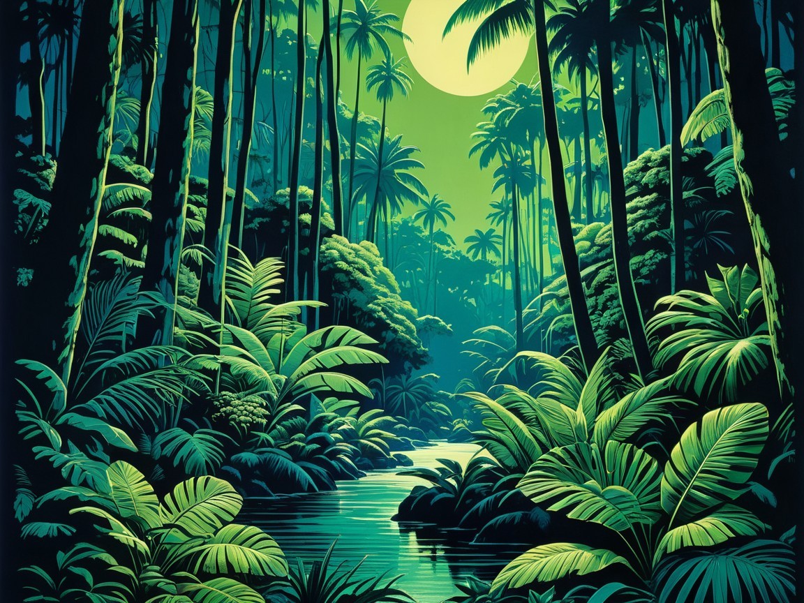 Vibrant Jungle Illustration Under Full Moonlight