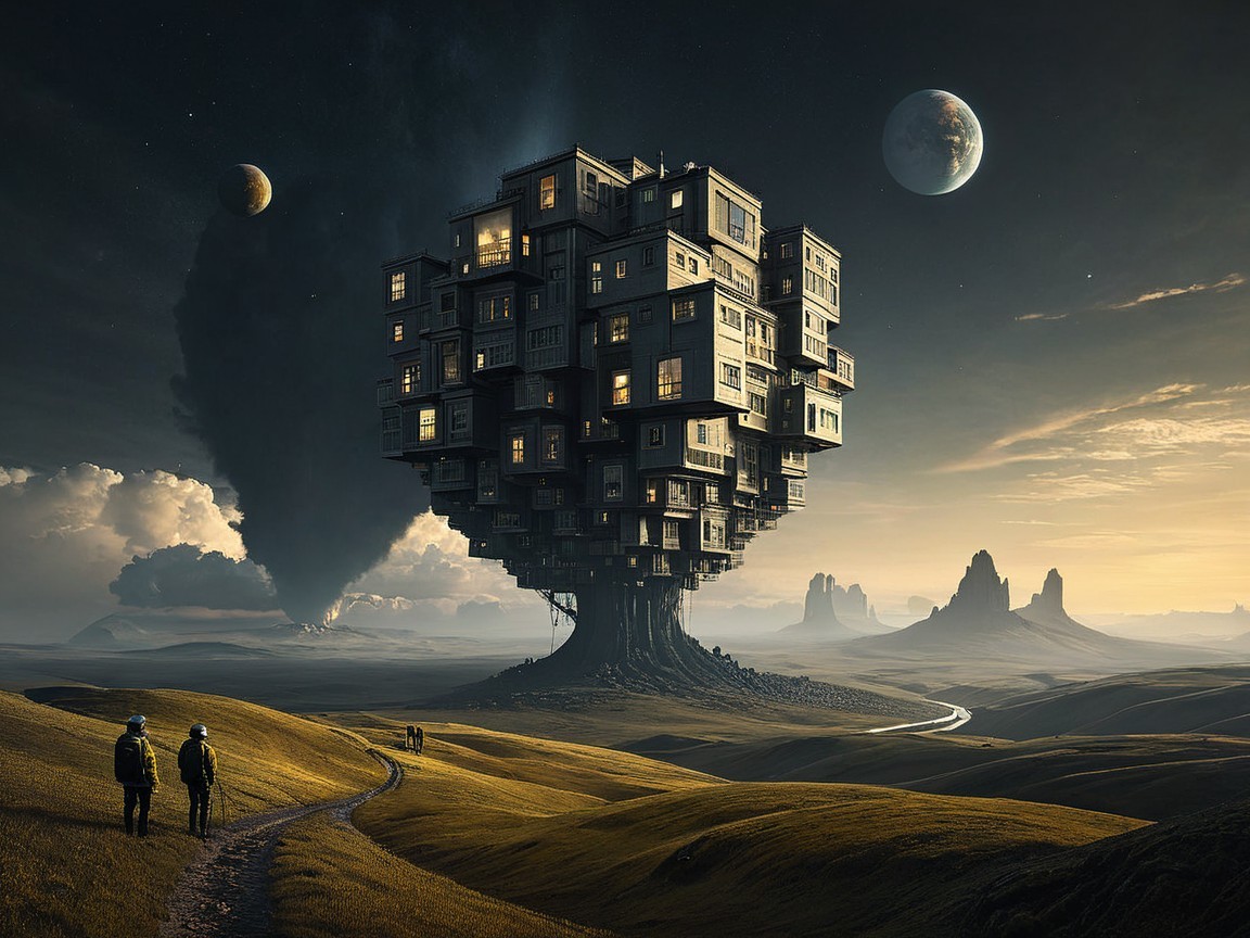 Surreal Landscape with Towering Tree and Alien Mountains