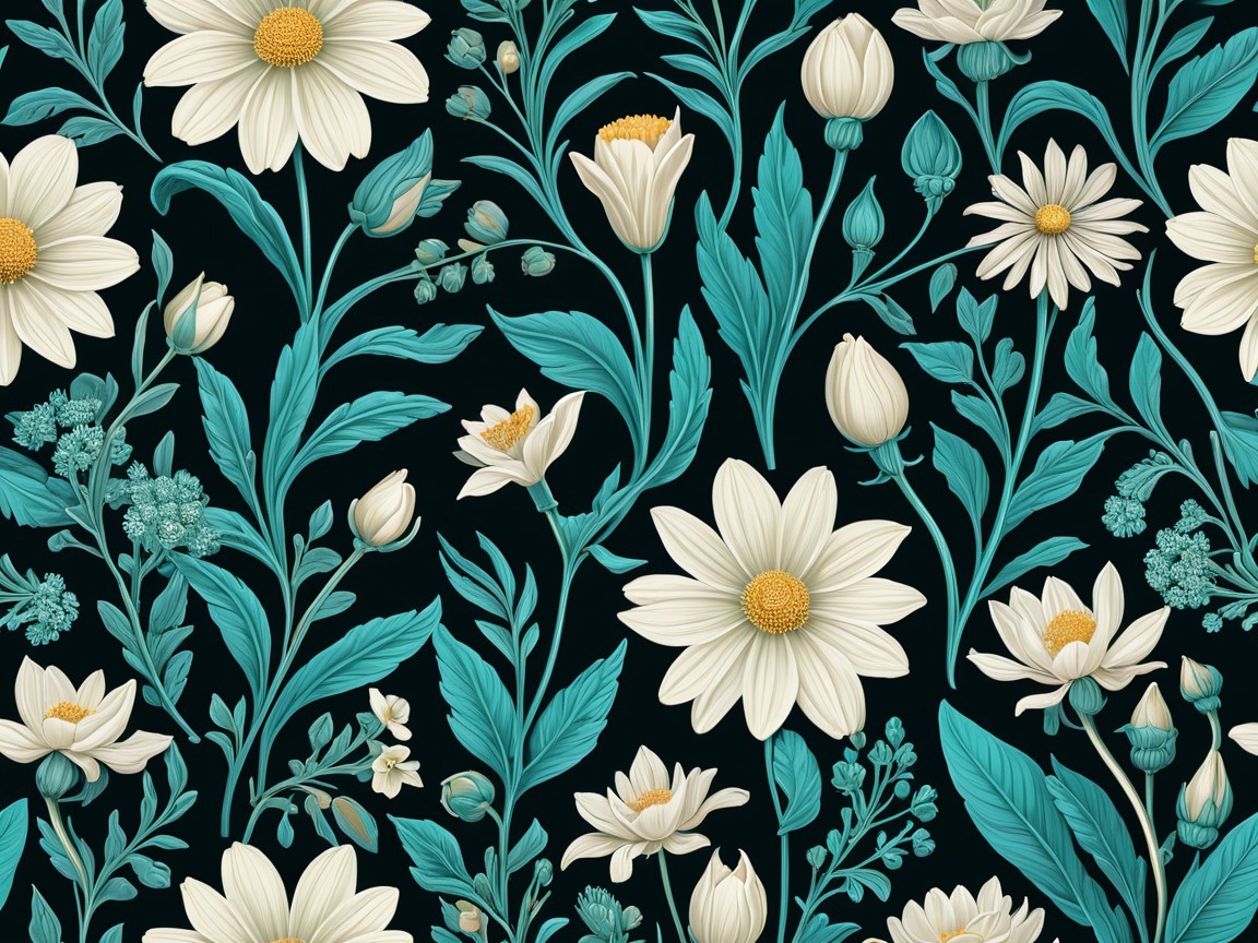 Floral Pattern with White Blooms on Dark Background