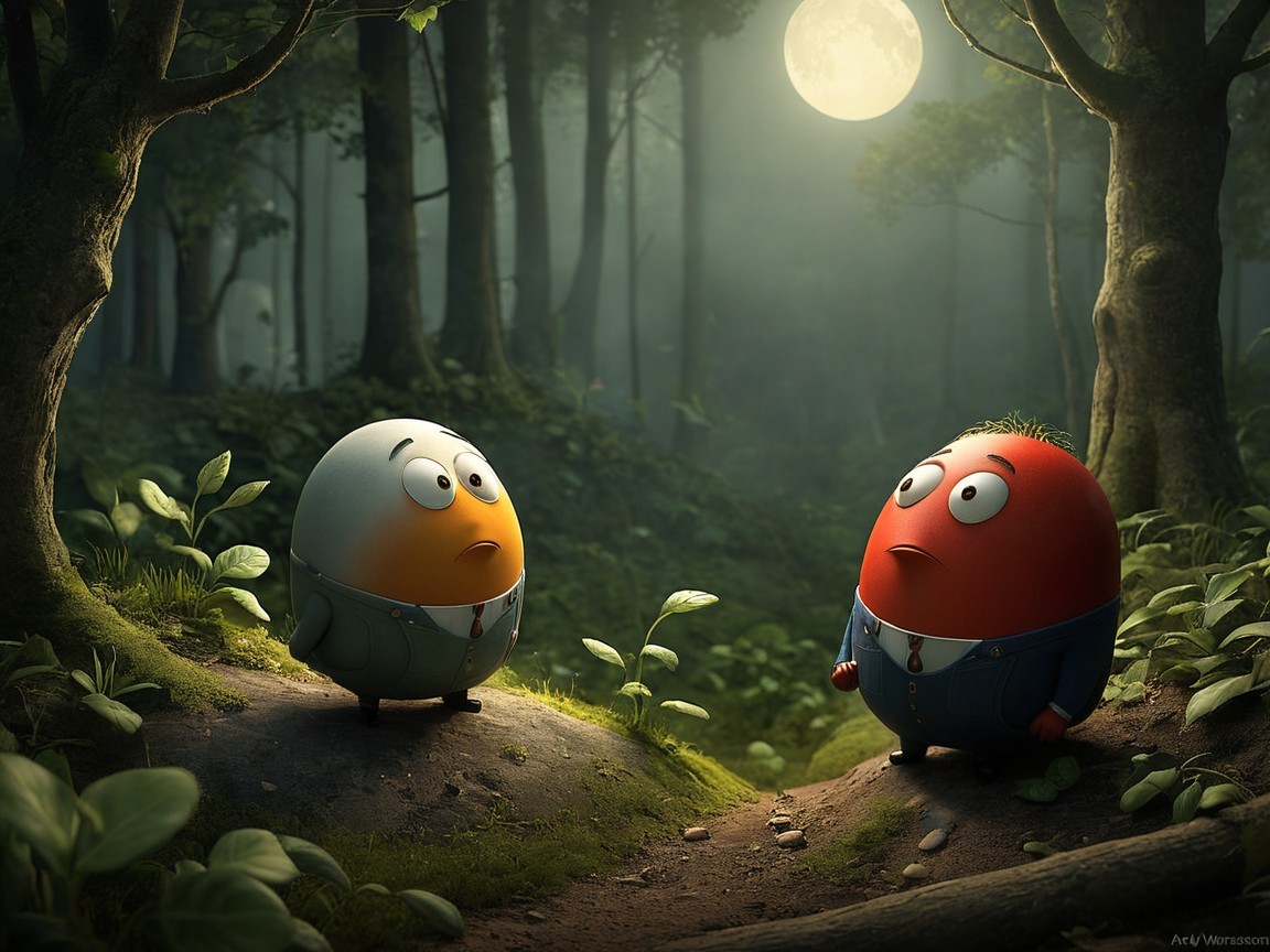 Animated Characters in a Misty Forest at Night