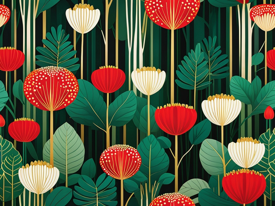 Oversized Red and White Floral Pattern on Green Background