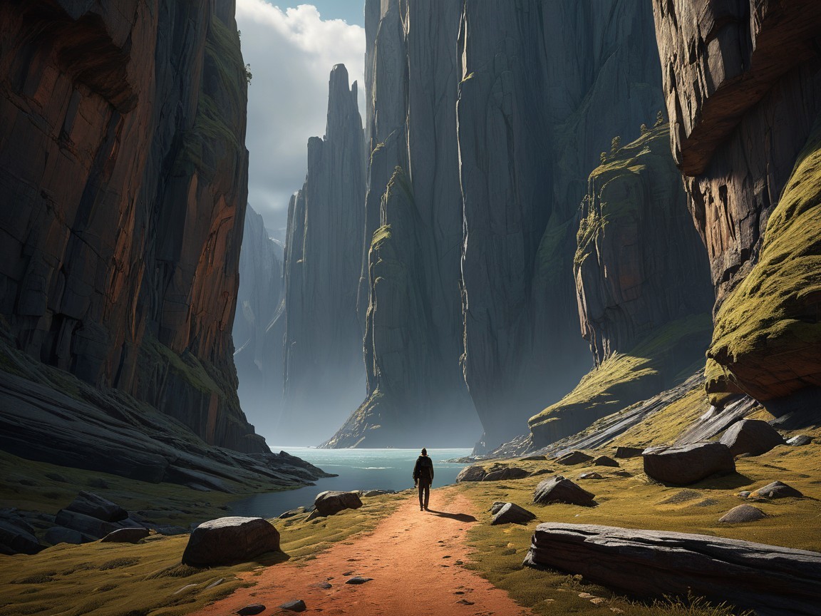 Lone Figure Walking Through Dramatic Canyon Landscape