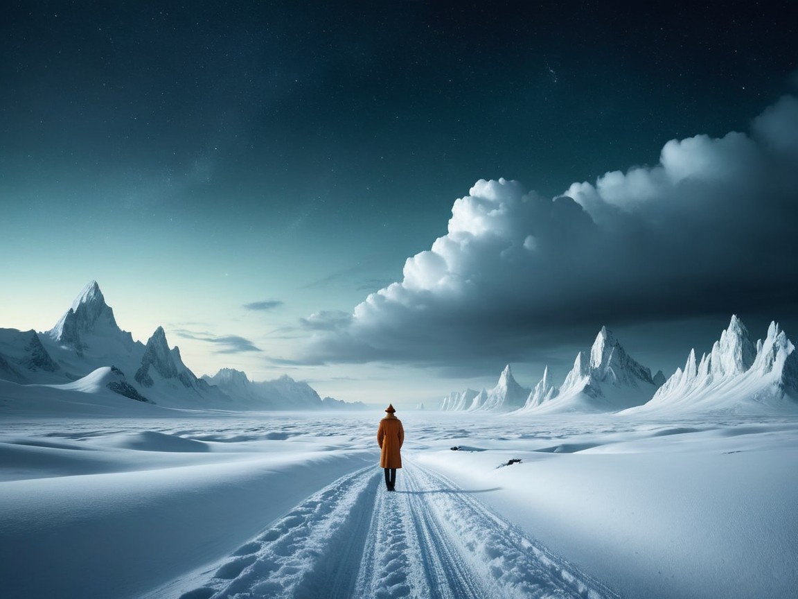 Lone Figure on Snowy Path in Dramatic Winter Landscape