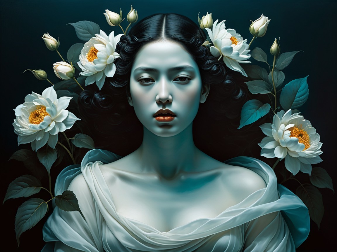 Serene Portrait of Woman with Black Hair and Flowers
