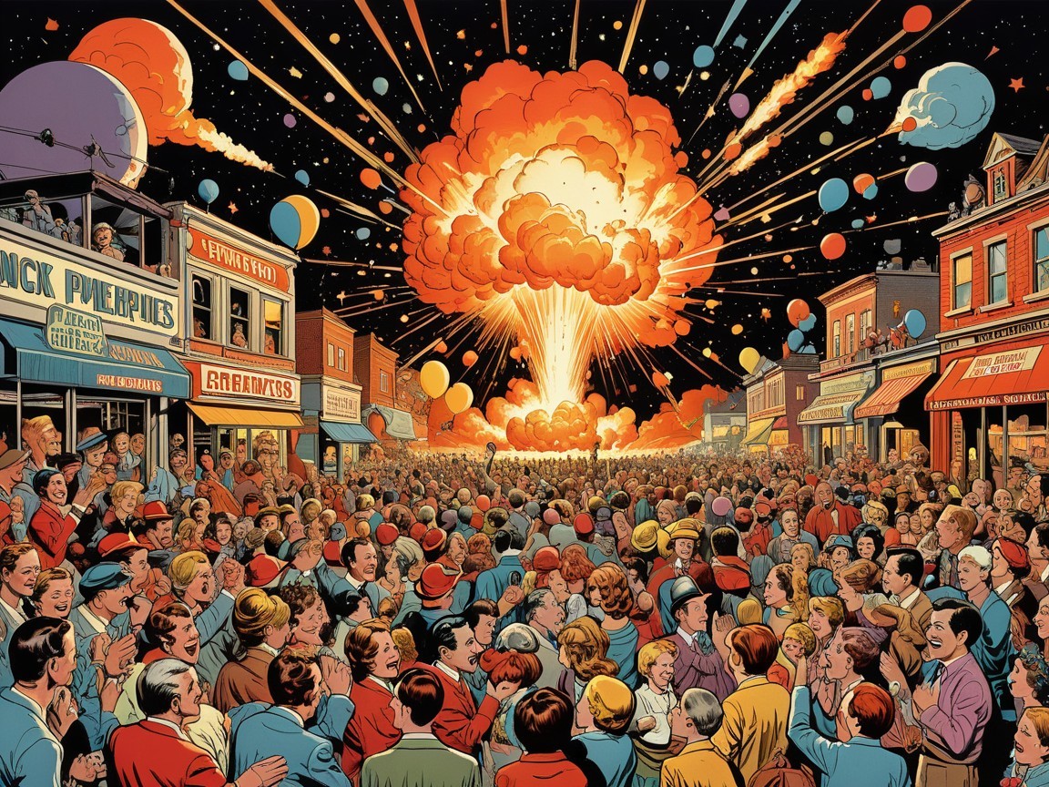 Vibrant Fireworks Display in a Bustling Town Square