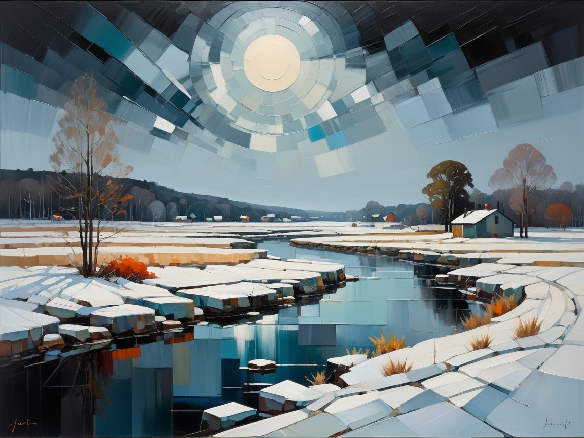 Serene winter landscape with shimmering river and snow