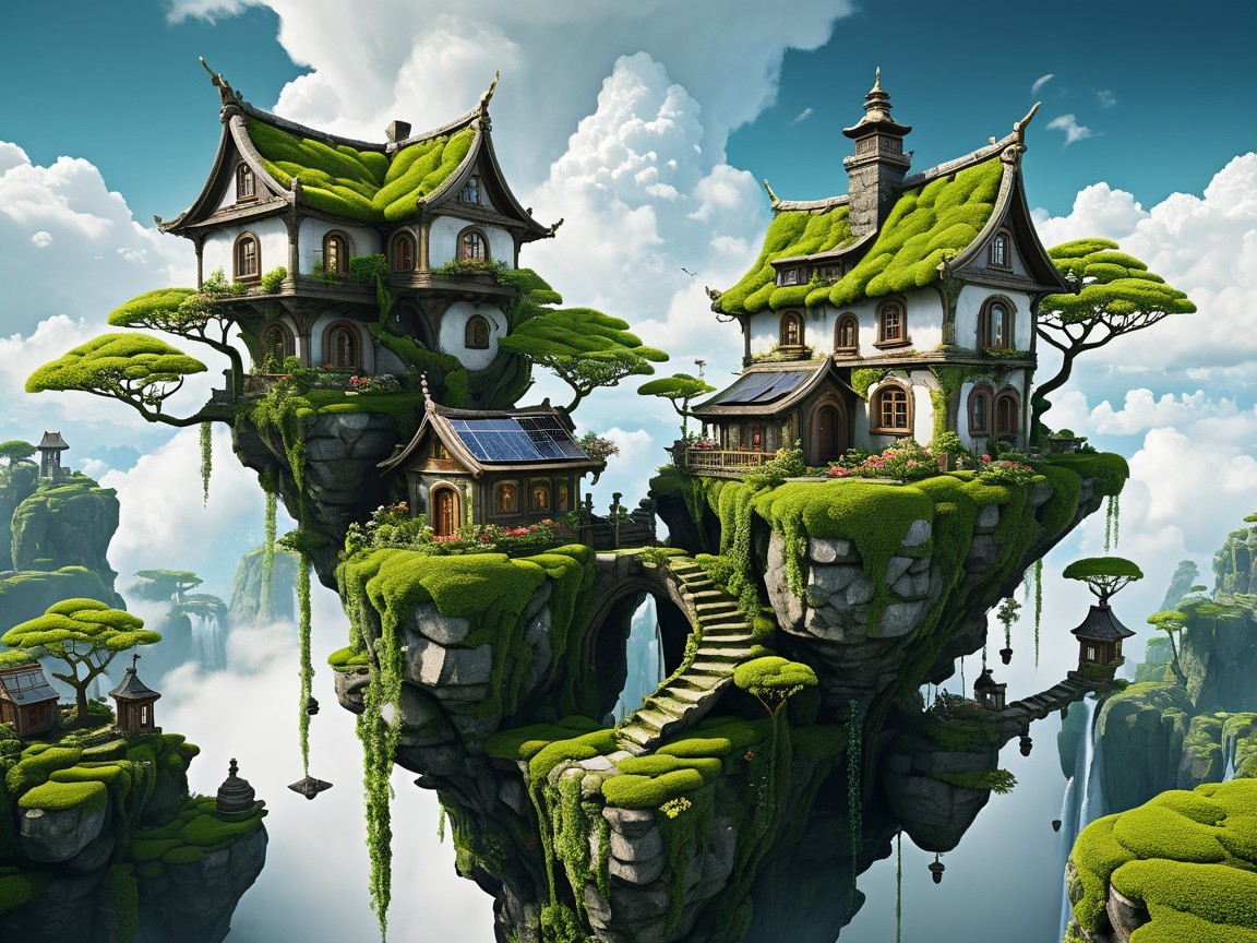 Floating Houses Above Lush Green Mountainscape