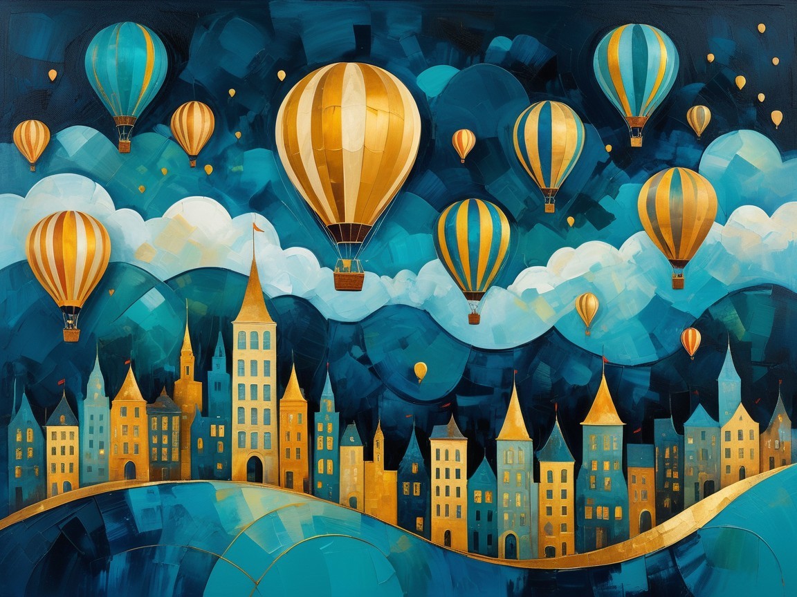 Whimsical Night Scene with Hot Air Balloons and Town