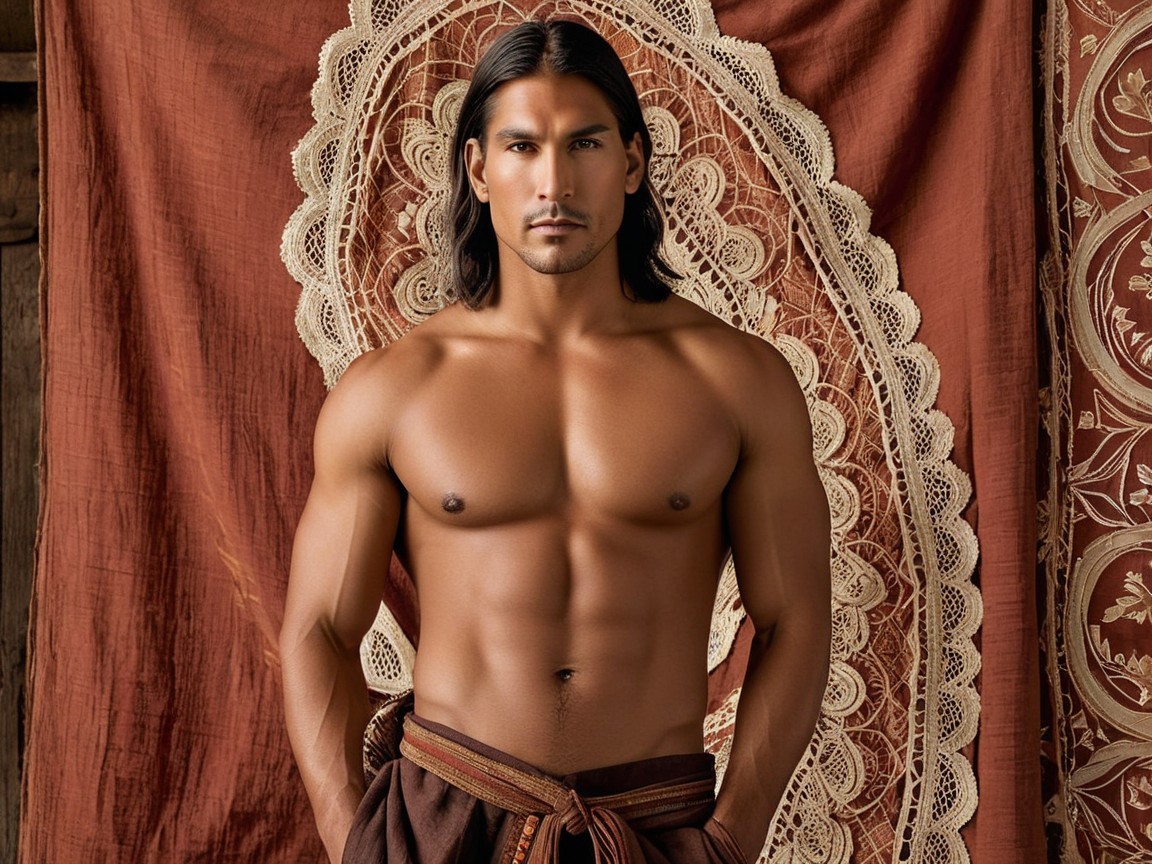 Muscular Man with Long Hair Against Intricate Backdrop