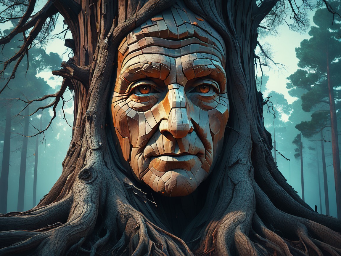Wooden Face Carved in Tree Trunk in Misty Forest