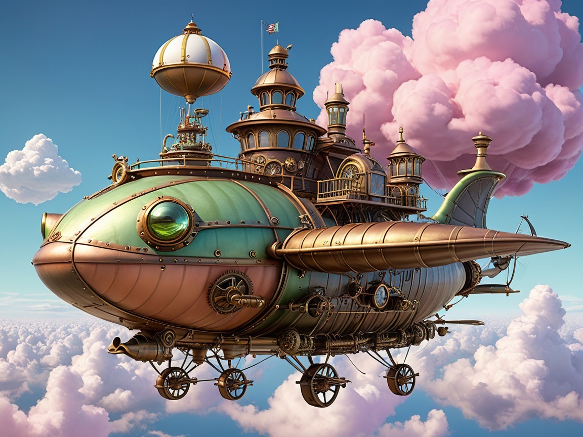 Whimsical Steampunk Airship in Pink Cloud Sky