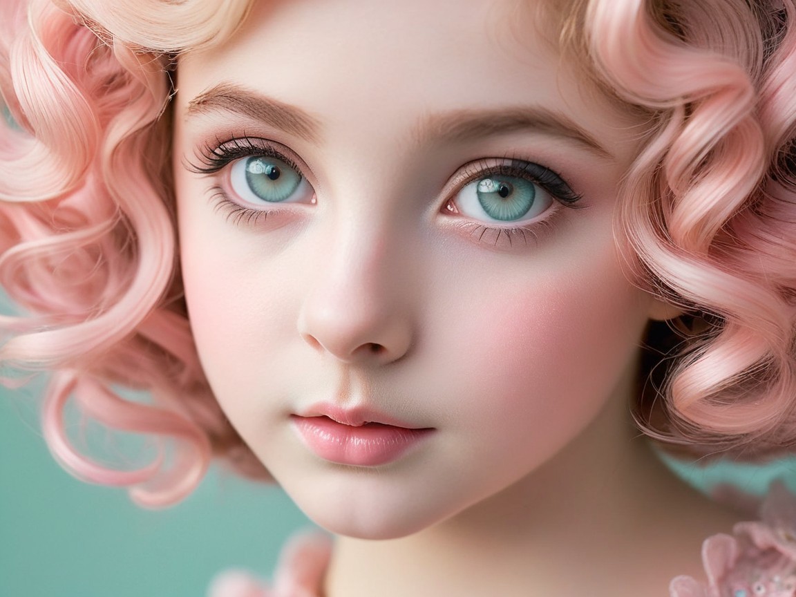 Portrait of a young girl with blue eyes and pink curls