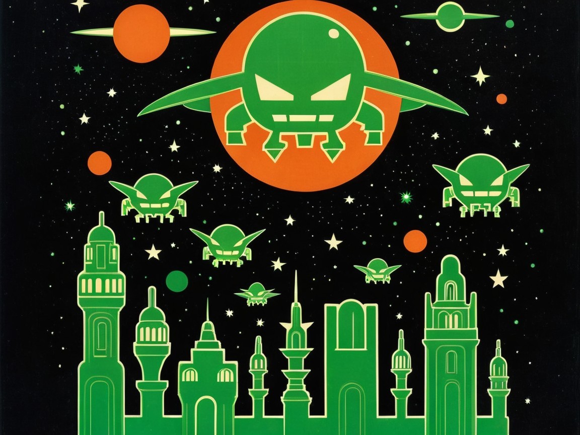 Futuristic cityscape with flying saucers and orange planet