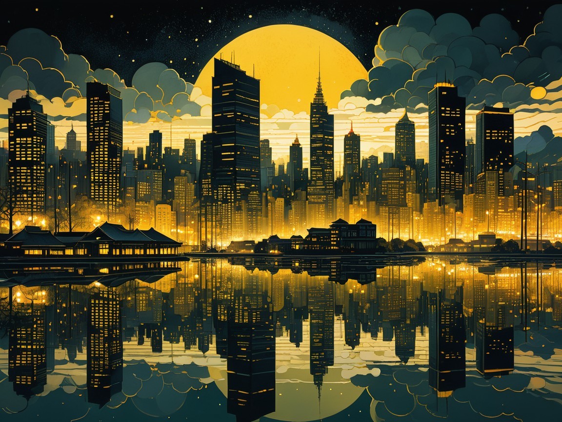 Vibrant City Skyline Under Golden Moonlight