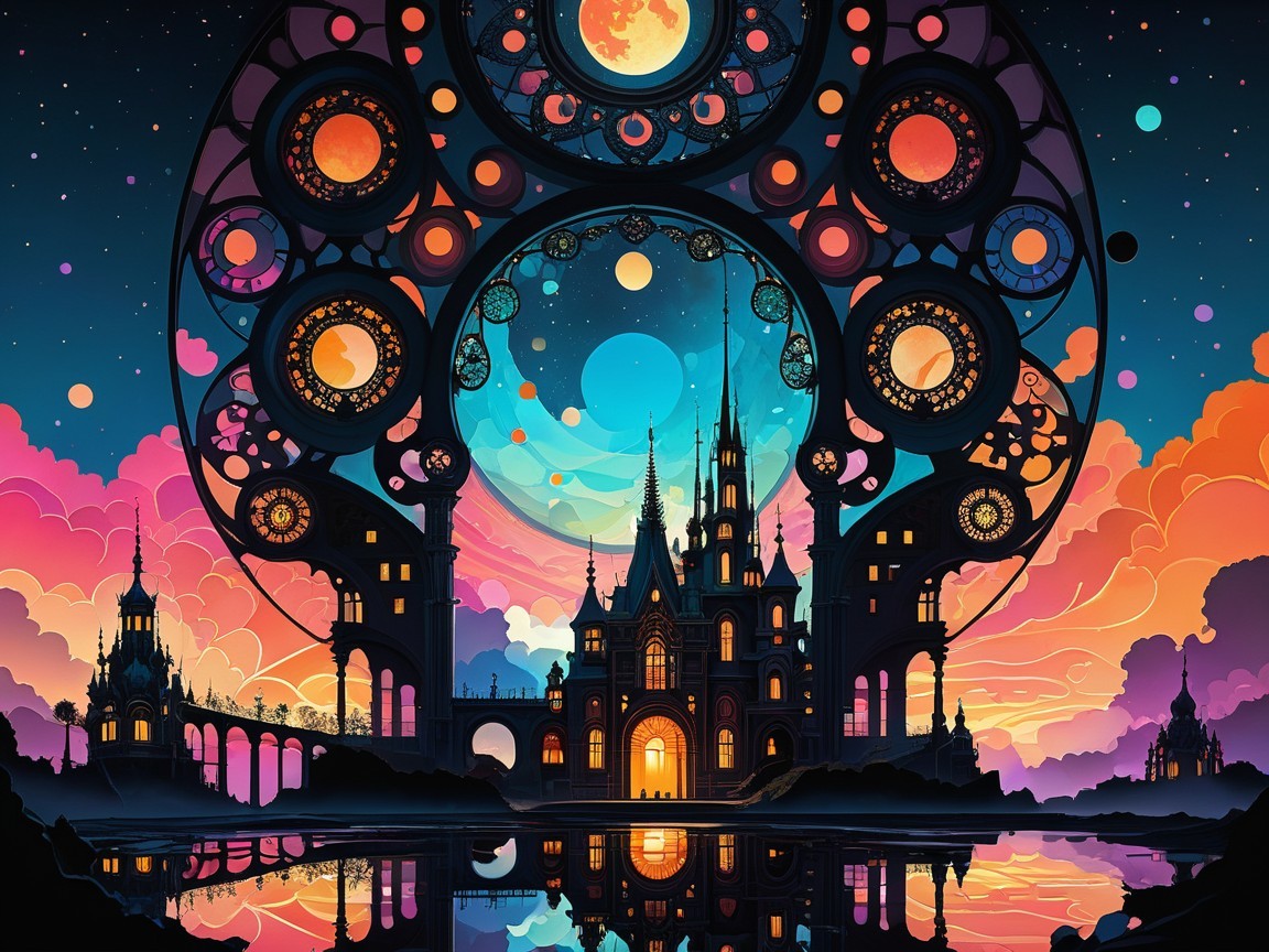 Vibrant Castle at Sunset with Celestial Motifs