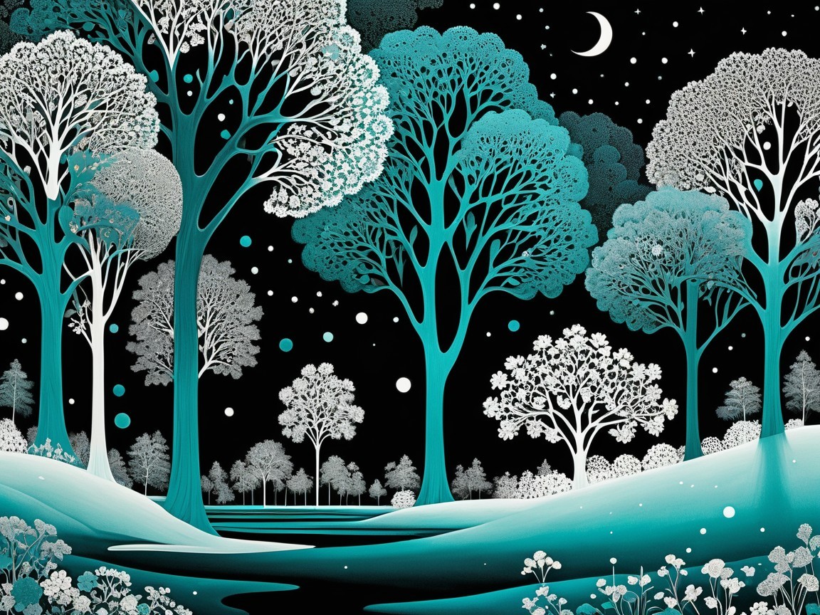 Surreal Forest Scene with Turquoise Trees and Moon