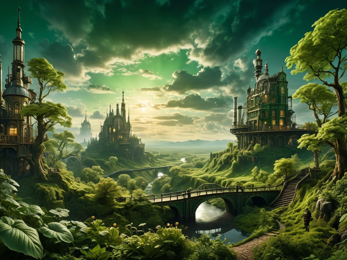 Fantastical Landscape with Castles and Lush Greenery