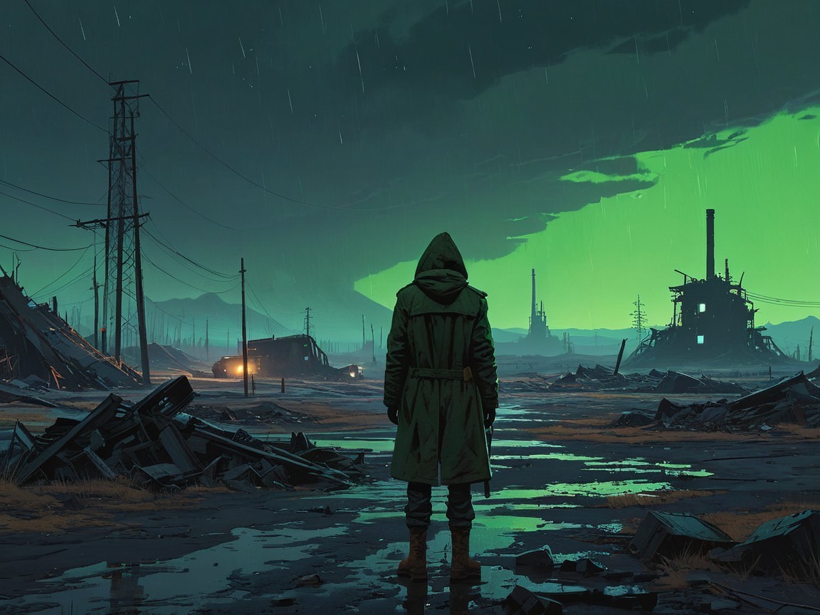 Figure in Hooded Coat in Desolate Landscape