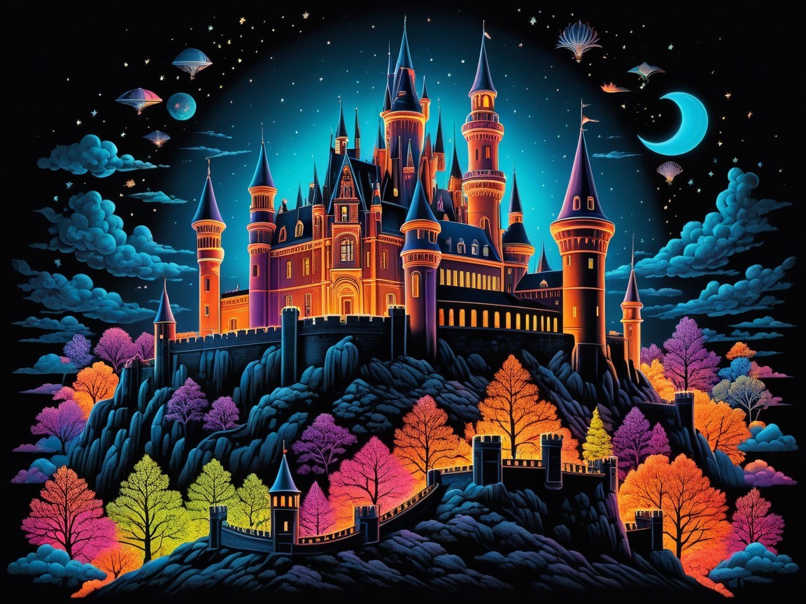 Vibrant Castle on Rocky Hill Under Starry Night Sky